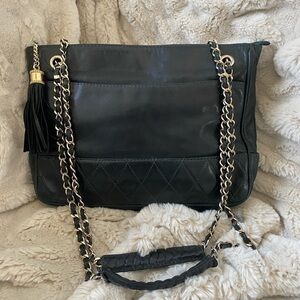 Vintage Deep Green Looks Black Lambskin Leather Double Chain Strap Shoul…